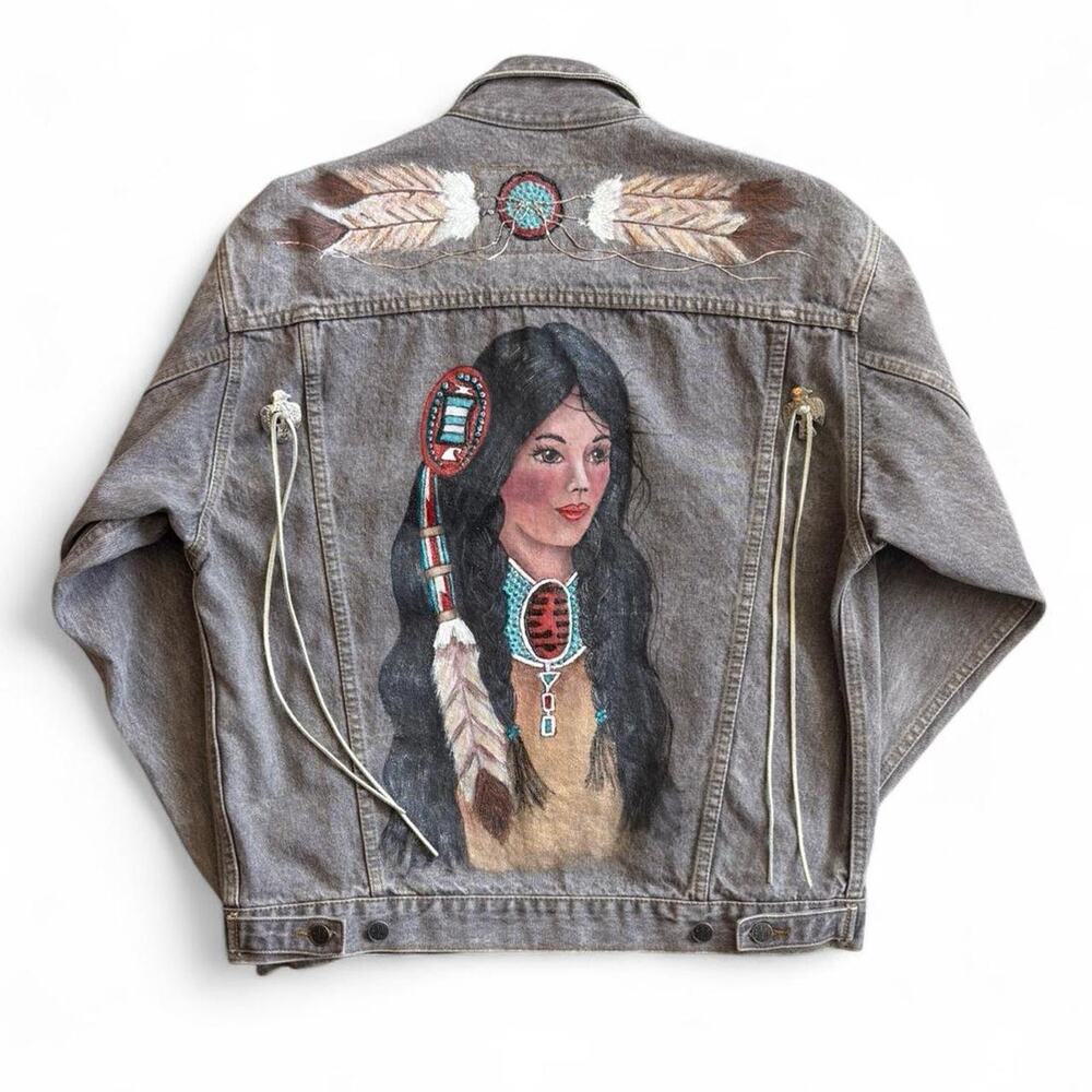 Vintage Hand Painted Denim Jacket – Indigenous Portrait Art Medium